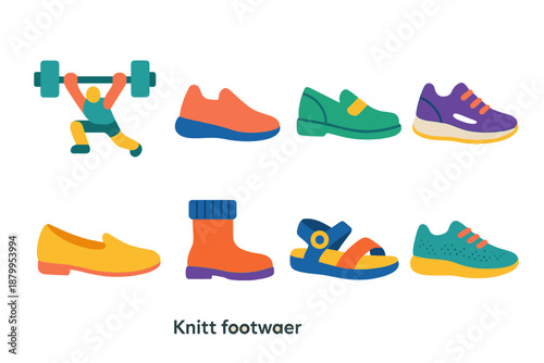 Power and Footwear Icons. Power sports icons set icons in flat icons: weightlifter, sprinter, boxer, cyclist, swimmer, football player, shot putter, rower. , Knit footwear
