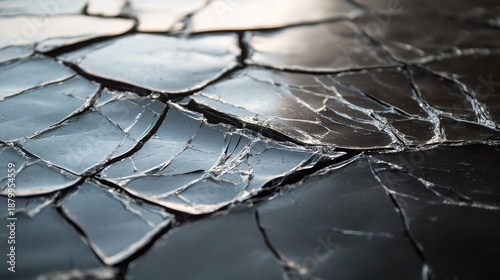 Macro close-up photograph reveals the intricate web of fine fractures spreading across a dark, shattered glass surface creating an abstract pattern of broken shards and sharp lines.