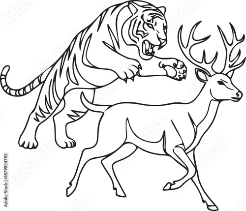 Tiger single Line set logo icon design illustration attacking movement of Deer victor art without background.