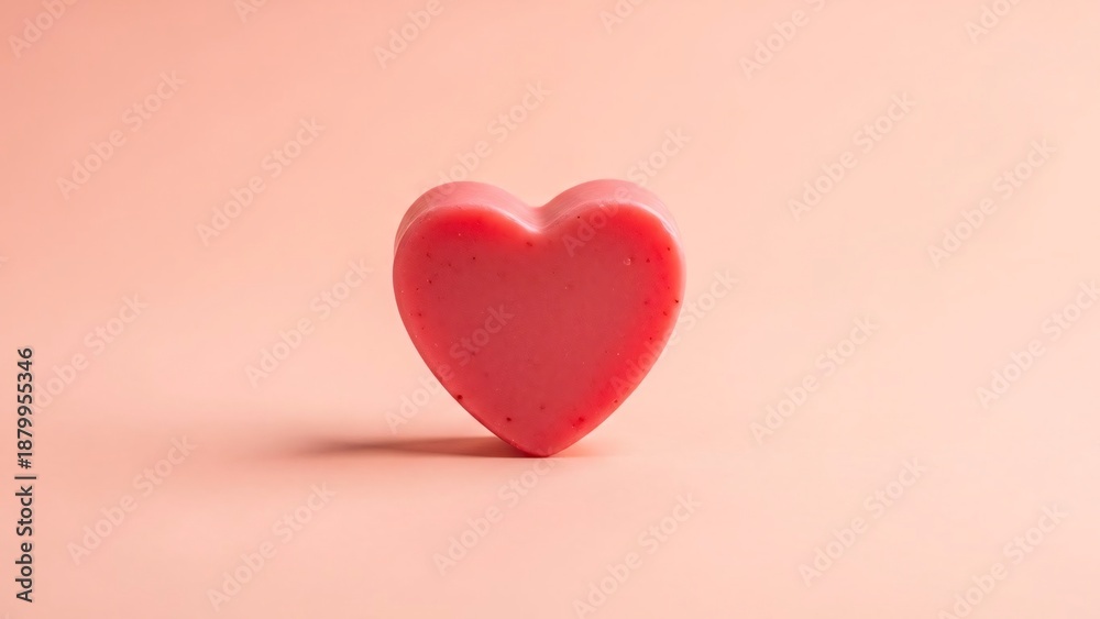 Obraz premium A single, vibrant red heart shape rests on a soft pink background, symbolizing love and affection.