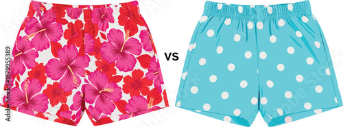 Floral and polka dot summer shorts comparison fashion vector illustration isolated background