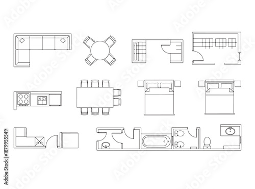 Furniture Outline Top View Icons Set – Thin Line Floor Plan Symbols for Interior Design