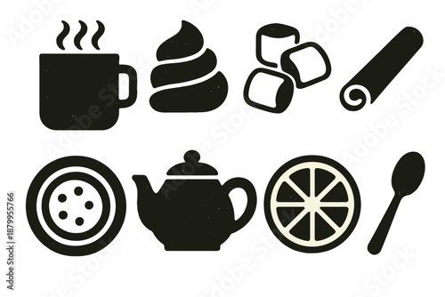Warm Drink Icons. Classic American Warm Drinks silhouette set: cocoa mug, whipped topping, marshmallows, cinnamon stick, cookie plate, tea kettle, citrus slice, tiny spoon