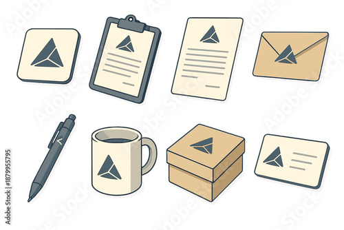 Isometric Office Icons. Professional Brand Layout flat icons: logo card, clipboard, letterhead, envelope, pen, mug, box, business card