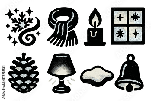 Winter Icon Set. Magical Winter Wonder silhouette set: shimmering flake swirl, cozy scarf, candle flame, frosted window, pinecone, soft lamp glow, snow patch, tiny bell