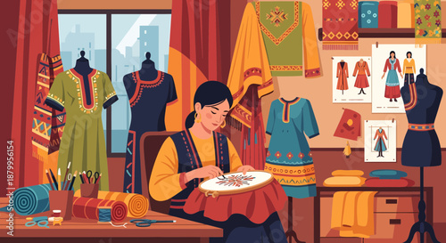 Woman working on sewing project.