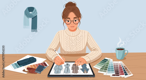Woman choosing color palette on tablet.