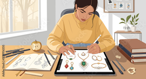Woman creating jewelry with various tools.