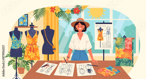 Woman designing clothes in studio.