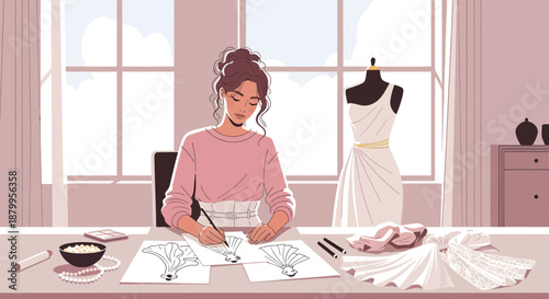 Woman designing clothes at desk.