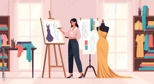 Woman designing dress on mannequin.