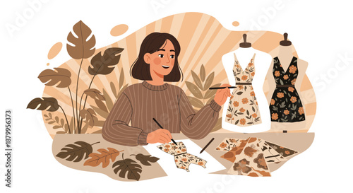 Woman designing dresses with patterns.