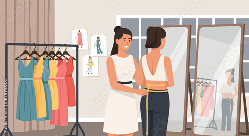 Woman getting measured by another woman.