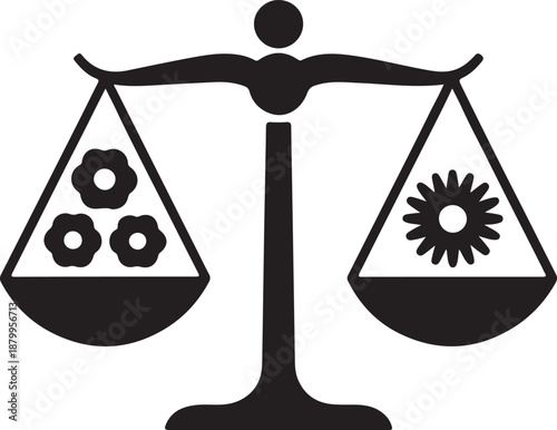 Justice Scales Balance Icon – Industrial Gear and Nature Flower Comparison Symbol Vector