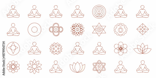 a collection of various yoga and meditation symbols and icons in a line art style