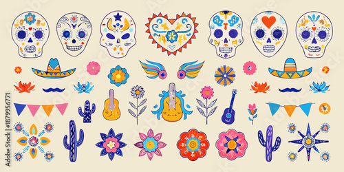 Colorful day of the dead sugar skulls and festive mexican elements illustration