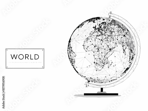 A detailed illustration of a world globe with polygonal lines and a label