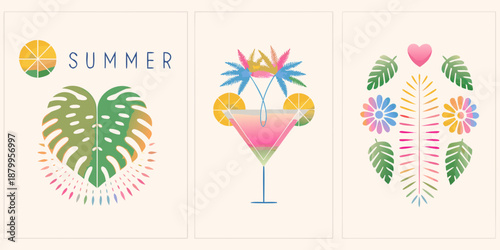 Tropical summer themed illustrations with citrus plants and cocktail designs