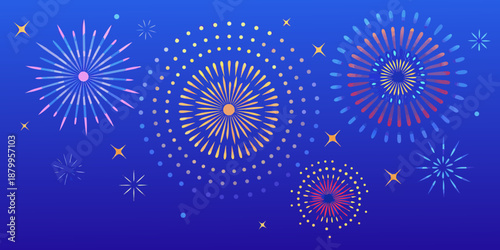 A vibrant display of colorful fireworks against a deep blue gradient background