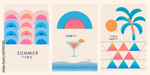 Colorful summer themed illustrations featuring arches waves palm trees and geometric shapes