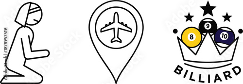 Line icon set with injured person symbol, airport location pin, and billiard game logo design