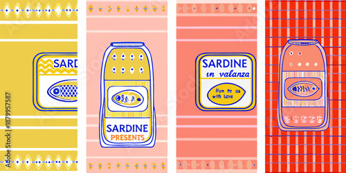 colorful sardine can labels on various patterned backgrounds