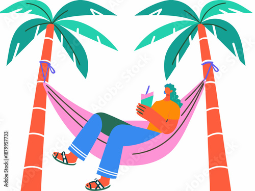 Relaxing in a hammock between palm trees enjoying a peaceful tropical vacation