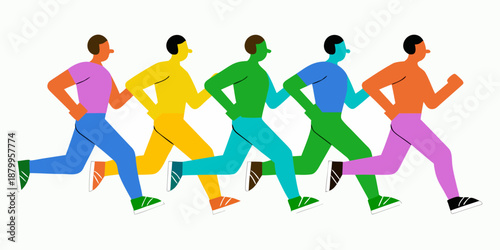 A row of runners depicted in vibrant contrasting colors moving forward