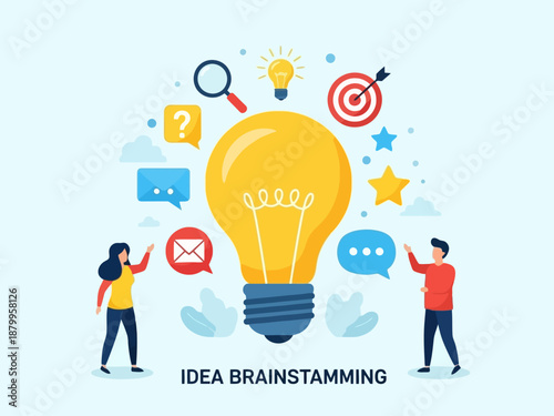 Team Brainstorming Idea Generation with Giant Lightbulb Innovation Strategy Collaboration