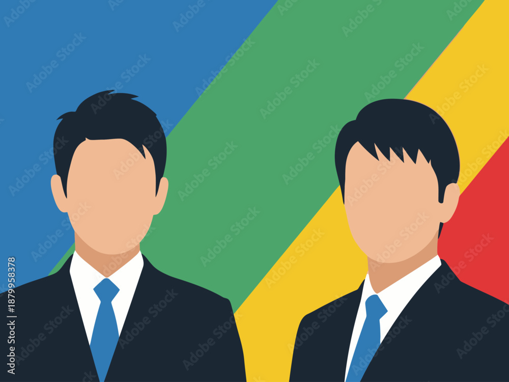 Fototapeta premium Diverse Business Team Collaboration Concept Two Anonymous Men in Suits Celebrating Success Against Colorful Background