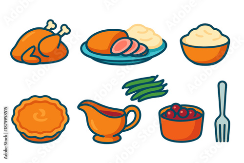 Roast Feast Icons. Traditional Roast Feast modern flat vector icons: whole turkey, platter, mashed potatoes, green beans, pie, gravy, cranberry sauce, fork