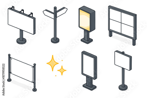 Modern Outdoor Ad Icons. Outdoor Ad Mockup flat icons: billboard, street sign, lighted box, poster wall, banner, sparkle, frame, pole