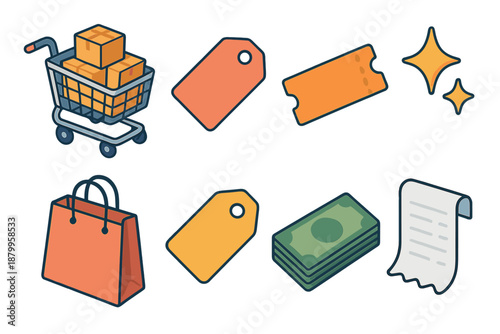 Shopping Icons Extravaganza. Shopping Cart Frenzy flat icons: cart full of boxes, sale tag, coupon, sparkle, gift bag, price label, cash, receipt