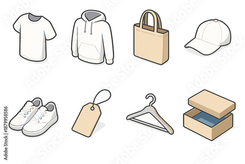 Isometric Apparel Icons. Apparel Mockup Set flat icons: t-shirt, hoodie, tote bag, cap, sneakers, tag, hanger, box