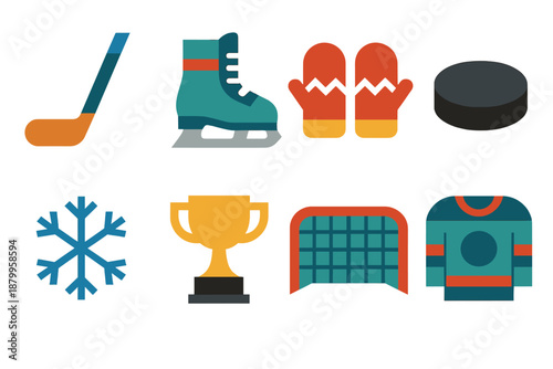 Geometric Hockey Icons. Frozen Rink Fun in geometric flat style: hockey stick, skates, mittens, puck, snowflake, trophy, net, team jersey