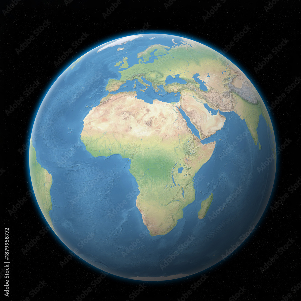 Fototapeta premium Detailed 3D render of Planet Earth from space, showing Europe, Africa, and parts of Asia, with blue oceans, a glowing atmosphere, and a starry background.
