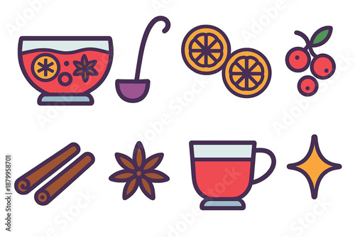 Festive Drink Icons. Festive Drink Bowl modern flat vector icons: punch bowl, ladle, citrus slices, cranberries, cinnamon sticks, star anise, glass cup, sparkle