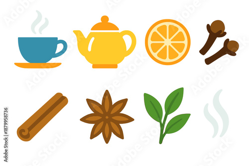 Vibrant Tea Icons. Aromatic Tea Time modern flat vector icons: teacup, teapot, orange slice, cloves, cinnamon, star anise, tea leaf, steam