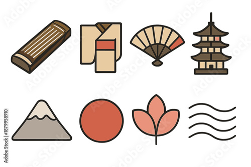 Isometric Koto Icons. Japanese Koto flat icons: koto, kimono sleeve, fan, pagoda, mountain line, sun disc, flower petal, harmony lines