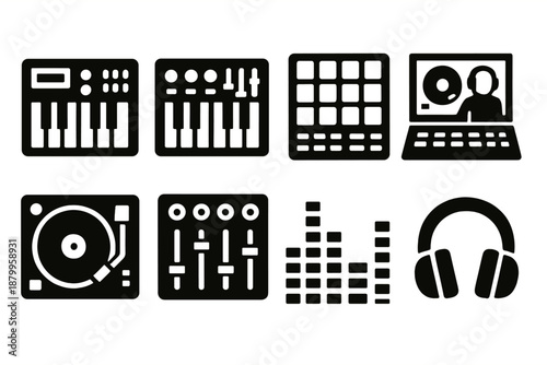 Brutalist Music Icons. Electronic Instrument silhouette set: synthesizer, MIDI keyboard, drum pad, laptop DJ, turntable, sound mixer, equalizer bars, headphones