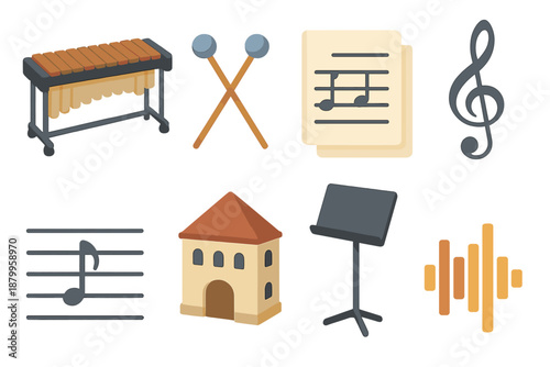 Isometric Marimba Icons. Classic Marimba flat icons: wooden marimba, mallets, sheet music, treble clef, harmony lines, concert hall, music stand, sound wave