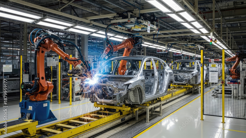 Fototapeta premium Automotive Assembly Line with Robotic Arms Welding Car Body.