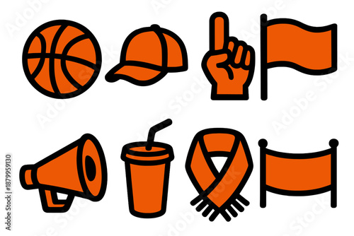 Bold Fan Gear Icons. Basketball fan items silhouette set: basketball, cap, foam finger, flag, megaphone, drink cup, scarf, banner.