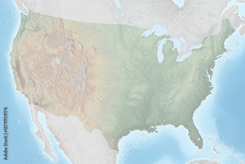 Topographic relief map of the contiguous United States showing elevation and major landforms
