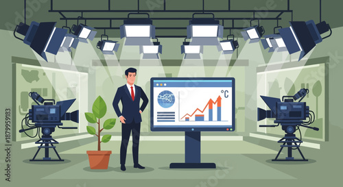 Businessman standing in TV studio.