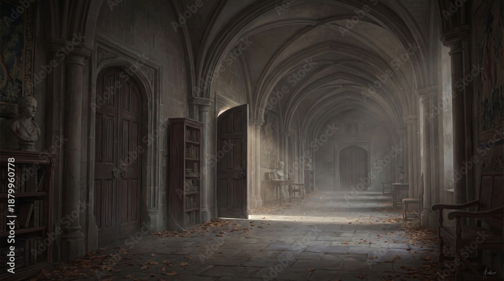 Fototapeta premium Gothic Corridor with Arched Ceiling and Doors, Dark Academia Interior, No People