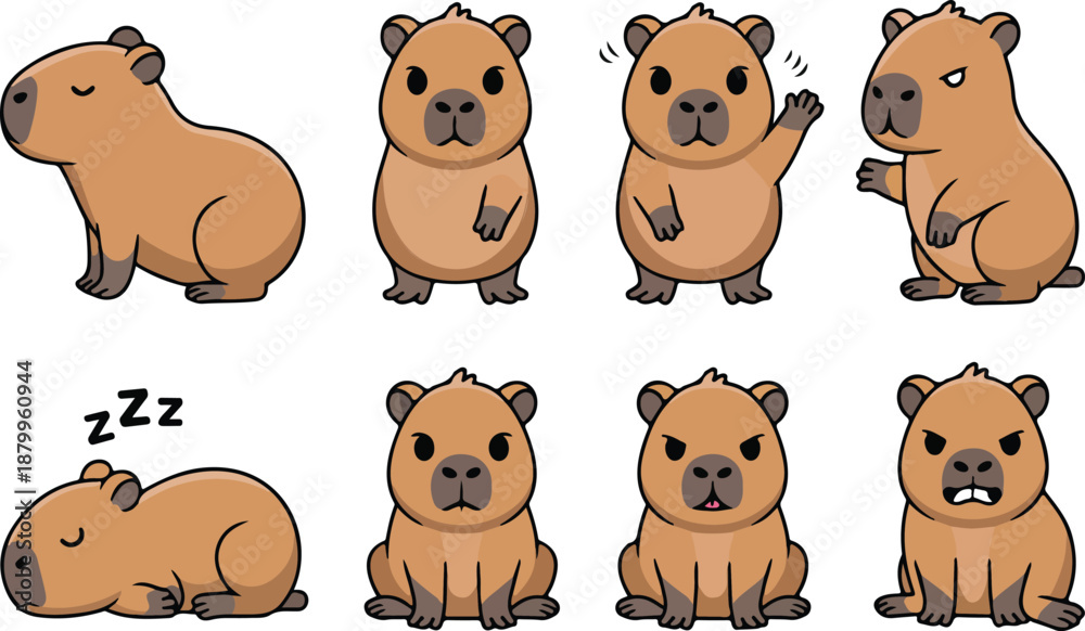 Fototapeta premium Cute Capybara Cartoon Mascot Vector Set with 8 Funny Poses
