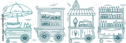 Street food cart and mobile kiosk stall line vector illustration set