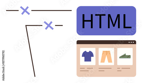 Web development, e-commerce, digital engineering, frontend design, coding interface, online shopping platforms. Visual of coding elements and an HTML label near an e-commerce layout. Web development