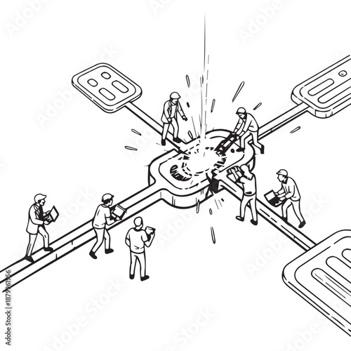 Team of workers in hard hats using machinery to forge metal in a factory setting, sparks flying